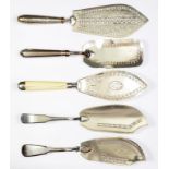 FIVE SHEFFIELD PLATE FISH SLICES, LATE 18TH & EARLY 19TH C various lengths, one by N Smith & Co