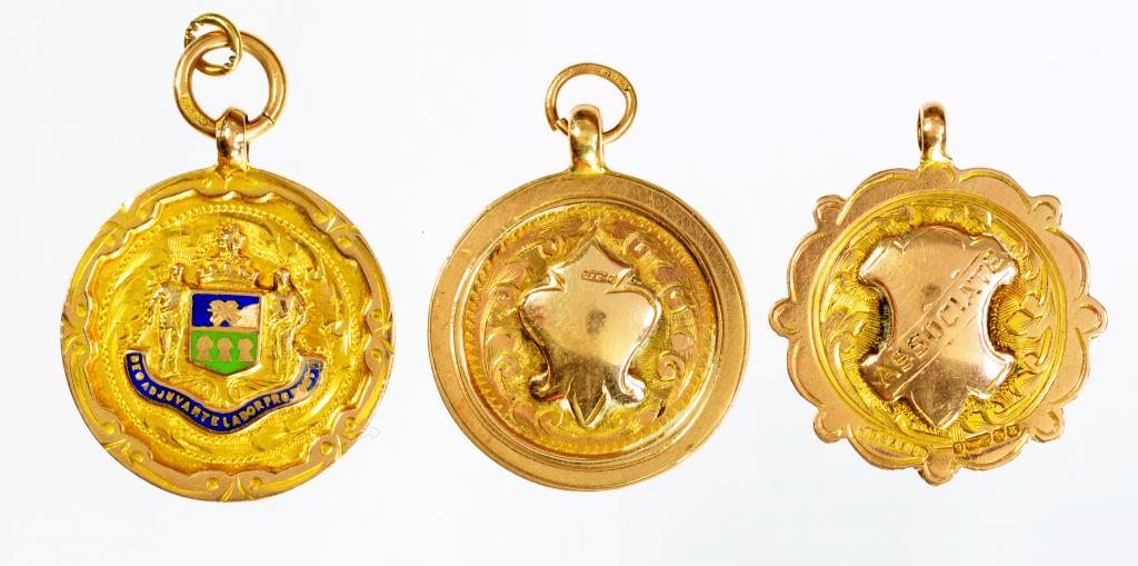 THREE 9CT GOLD WATCH FOB SHIELDS various sizes, all Birmingham, by various makers, 1924, 25 and