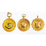 THREE 9CT GOLD WATCH FOB SHIELDS various sizes, all Birmingham, by various makers, 1924, 25 and