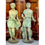 A PAIR OF THREE QUARTER LIFE SIZED CAST IRON GARDEN STATUES , 145CM H