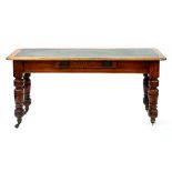 A VICTORIAN PINE LIBRARY TABLE WITH LEATHER TOP ON TURNED LEGS, 153CM W