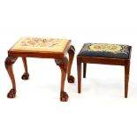 TWO MAHOGANY STOOLS WITH EMBROIDERED SEATS