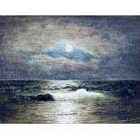 BRITISH SCHOOL MOONLIT SEA SCAPE SIGNED WITH INITIALS PTJ AND DATE 17, WATERCOLOUR, 17 X 22CM