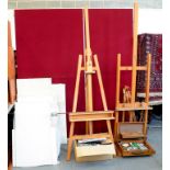 TWO ARTIST EASELS, QUANTITY OF BLANK CANVASES AND MISCELLANEOUS PAINTS AND BRUSHES, ETC