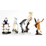 FOUR ART DECO STYLE AND OTHER CONTEMPORARY ENGLISH PORCELAIN AND BRONZED METAL FIGURES OF ELEGANT