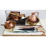 A QUANTITY OF WOOD AND METALWARE, TO INCLUDE TWO COPPER MEASURES BRASS JAM PAN, BURNISHED STEEL FIRE