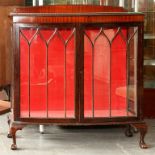 A MAHOGANY BOW FRONTED CHINA CABINET, 122CM W, NURSING CHAIR, NEST OF TABLES, ETC