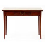 A VICTORIAN MAHOGANY FOLDING TEA TABLE ON SQUARE TAPERING LEGS, 100CM W