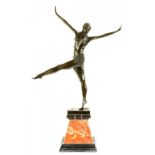 AN ART DECO STYLE BROZED METAL STATUETTE OF A DANCER AFTER D H CHIPARIS ON MARPLE PLINTH, 59CM H,