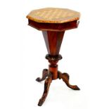 A VICTORIAN INLAID WALNUT OCTAGONAL WORK TABLE, 76CM H