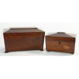 TWO VICTORIAN MAHOGANY TEA CADDIES, THE LARGER WITH FITTED INTERIOR, 33CM W