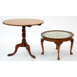 AN OAK TILT TOP TRIPOD TABLE AND A GLASS TOPPED OCCASIONAL TABLE