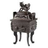 A CHINESE BRONZE CENSER AND COVER, FANG DING, QING DYNASTY, 19TH CENTURY the sides cast with