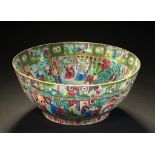 A CHINESE PORCELAIN CANTON FAMILLE ROSE BOWL, 19TH C 35cm diam ++Descending hairline crack and