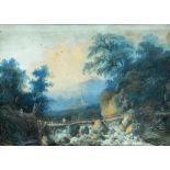 J SINCLAIR (LATE 18TH CENTURY) WOODED LANDSCAPE WITH FIGURES CROSSING A WOODEN FOOTBRIDGE signed