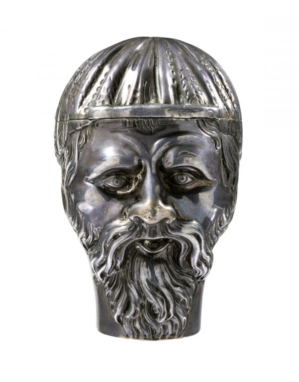 A RARE SILVER SNUFF BOX IN THE FORM OF THE HEAD OF A DRUID, EARLY 19TH C the underside engraved with