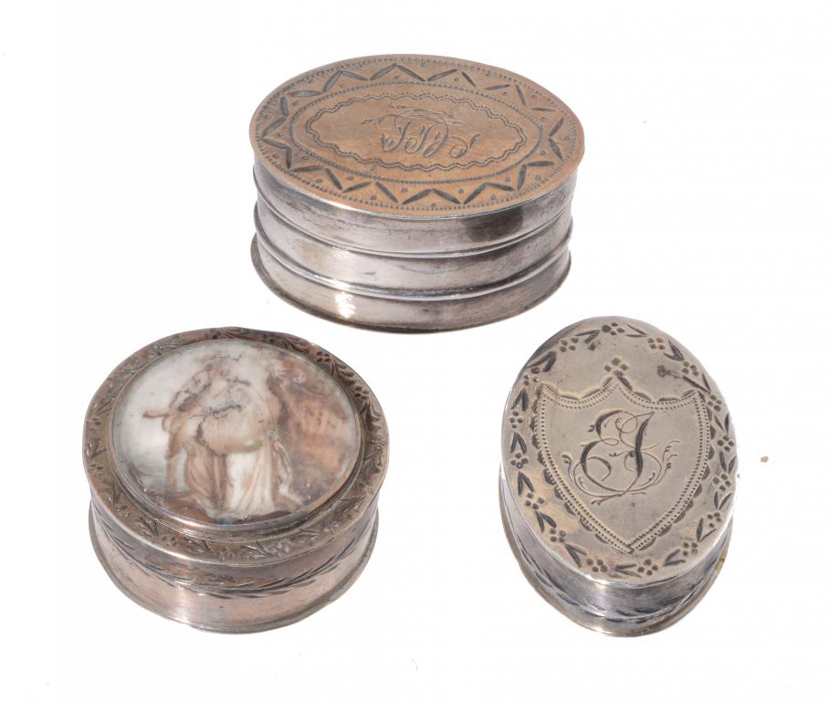 A GEORGE III SILVER COUNTER BOX, C1800 the cover set with a miniature of a lady emblematic of