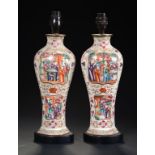 A PAIR OF CHINESE PORCELAIN MANDARIN PATTERN SLENDER BALUSTER VASES, C1780 28cm h, mounted as lamps,