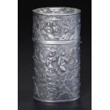 A CHINESE SILVER REPOUSSE CHEROOT CASE, 19TH C of straight sided oval shape, 11cm h, maker KC,