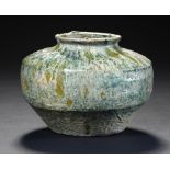 A CHINESE GREEN GLAZED EARTHENWARE JAR, HAN DYNASTY, 206BC-AD220 with some iridescence, 9cm h ++