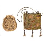 AN ENGLISH METAL THREAD AND EMBROIDERED PURSE, 17TH C worked to either side with a bird and four