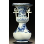 A JAPANESE HIRADO BLUE AND WHITE VASE, MEIJI PERIOD with pigeon handles, finely painted with phoenix