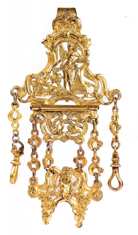 AN ENGLISH ROCOCO GILTMETAL CHATELAINE, POSSIBLY BY BOULTON & FOTHERGILL, C1765 cast and chased,