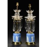 A PAIR OF BRASS MOUNTED WEDGWOOD BLUE JASPER LUSTRE CANDLESTICKS, LATE 19TH C the domed foot