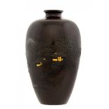 A JAPANESE BRONZE SHOULDERED OVIFORM VASE, MEIJI PERIOD carved and inlaid in gold and shibuichi with