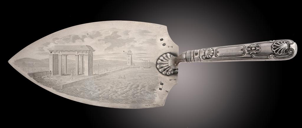 AN IMPORTANT IRISH SILVER CEREMONIAL TROWEL FOR THE LAYING OF THE FOUNDATION STONE OF THE GEORGE - Image 2 of 2