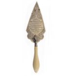 A VICTORIAN EPNS TROWEL, DATED 1878 the engraved blade inscribed Presented to Miss Conway Griffith