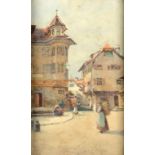 ARTHUR NETHERWOOD (1864-1930) THE VILLAGE SQUARE signed, watercolour, 64 x 38.5cm ++Close mounted in