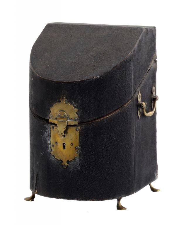 A GEORGE III FISHSKIN COVERED CUTLERY BOX, C1780 the fitted interior lined in maroon velvet, brass