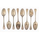 A SET OF EIGHT GEORGE I SILVER TABLE SPOONS Rat Tail pattern with drop, by Andrew Archer, London