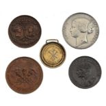 FIVE ENGLISH AND FRENCH COMMEMORATIVE MEDALS including Denain Mining Disaster 1865, silver gilt,