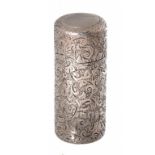 A VICTORIAN SILVER SCENT BOTTLE engraved overall with scrolling foliage, glass stopper, 5.5cm h,