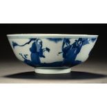 A CHINESE BLUE AND WHITE BOWL, QING DYNASTY, 18TH C painted with three immortals, the interior