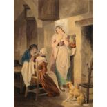 FOLLOWER OF FRANCIS WHEATLEY KITCHEN INTERIOR WITH THREE FIGURES AND A DOG watercolour, 31 x