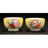 TWO DERBY, KING STREET, YELLOW GROUND BOWLS, EARLY 20TH C PAINTED WITH AN OVAL RESERVE OF FLOWERS,