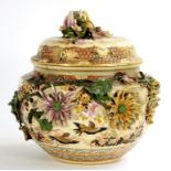 A SATSUMA FLORAL ENCRUSTED GLOBULAR VASE AND COVER, 29CM H, MEIJI PERIOD AND A SATSUMA BROWN