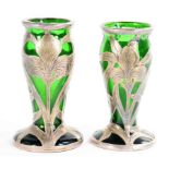 A PAIR OF ART NOUVEAU, SILVER OVERLAID GREEN GLASS VASE DECORATED WITH IRIS, 10CM H, C1910, ONE