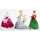 THREE ROYAL DOULTON AND COALPORT FIGURES OF YOUNG LADIES, VARIOUS SIZES, PRINTED MARKS