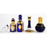 A LIMOGES COBALT GROUND PORCELAIN CANDLESTICK, 15CM H, TWO VENETIAN GILT BLUE GLASS SCENT BOTTLES