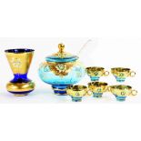 A VENETIAN GILT BLUE GLASS PUNCH SET AND A SIMILAR VASE