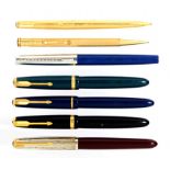 SIX VINTAGE PARKER GOLD PLATED AND OTHER PENS AND A GOLD PLATED YARD PEN O'LED PENCIL