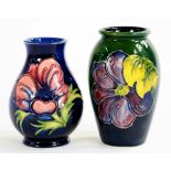 TWO MOORCROFT VASES, CLEMATIS OR ANEMONE PATTERNS, 10.5 AND 9.5CM H, IMPRESSED AND PAINTED MARKS