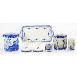 THREE CHINESE BLUE AND WHITE CRICKET CAGES, A PAIR OF BOOTHS EARTHENWARE REAL OLD WILLOW PATTERN