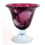 AN AMETHYST GLASS BELL SHAPED VASE ENGRAVED WITH CHRYSANTHEMUMS ON OPAL FOOT, 26CM H