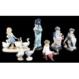 FOUR LLADRO FIGURES OF JAPANESE GIRLS AND A CHILDE, ETC, VARIOUS SIZES, PRINTED MARK