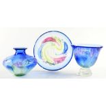 A CAITHNESS GLASS SUMMER MEADOW VASE, 15CM H, A LARGER SIMILAR CAITHNESS GLASS VASE AND A DISH